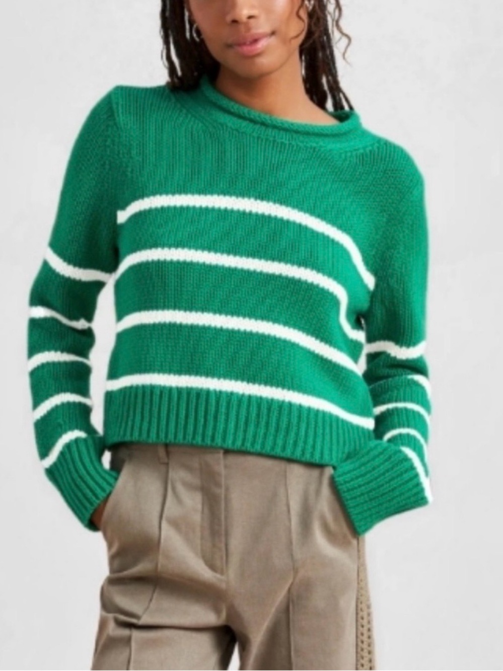La Ligne Mini Marina Kelly Green and Ivory Striped Rollneck Sweater in XSmall